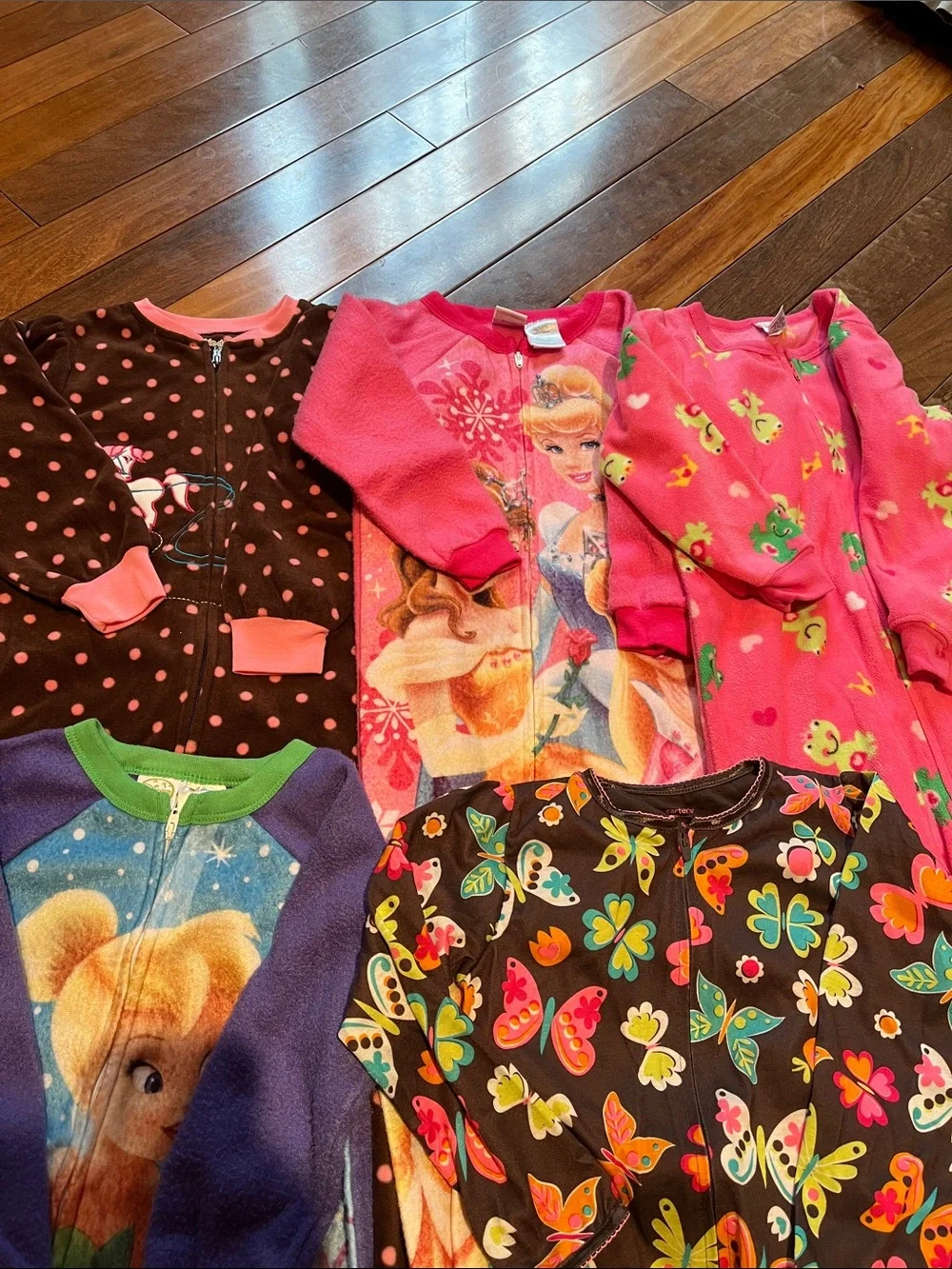 Disney Kids Pink, Purple, Black and Multicolor Character Footed Pajama Bundle